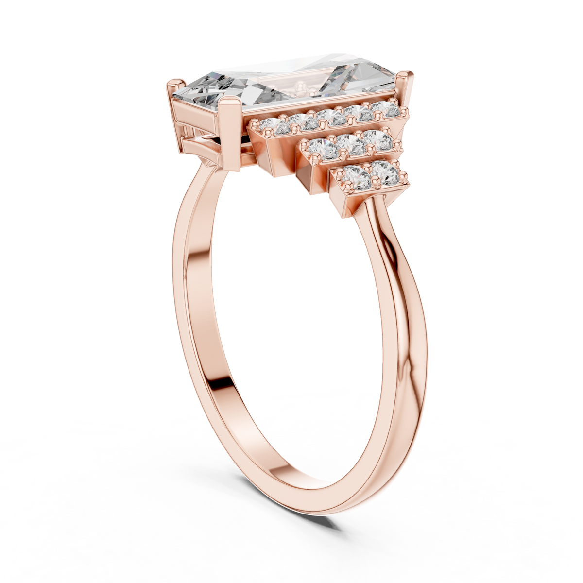 Emerald Cut Three-Row Pave Engagement Ring