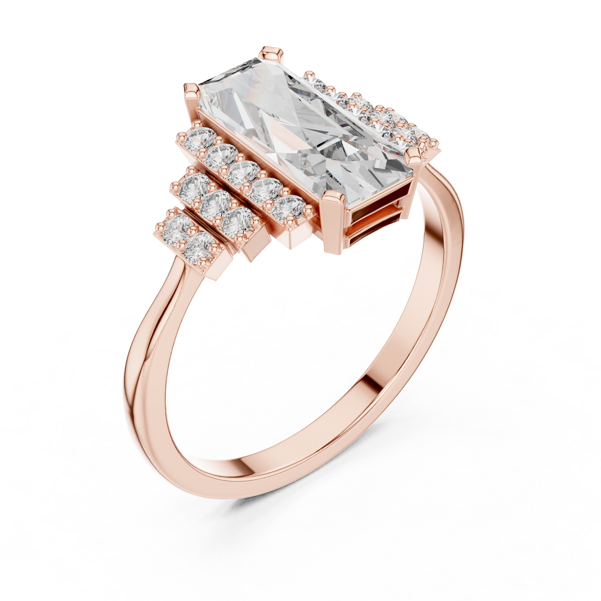 Emerald Cut Three-Row Pave Engagement Ring