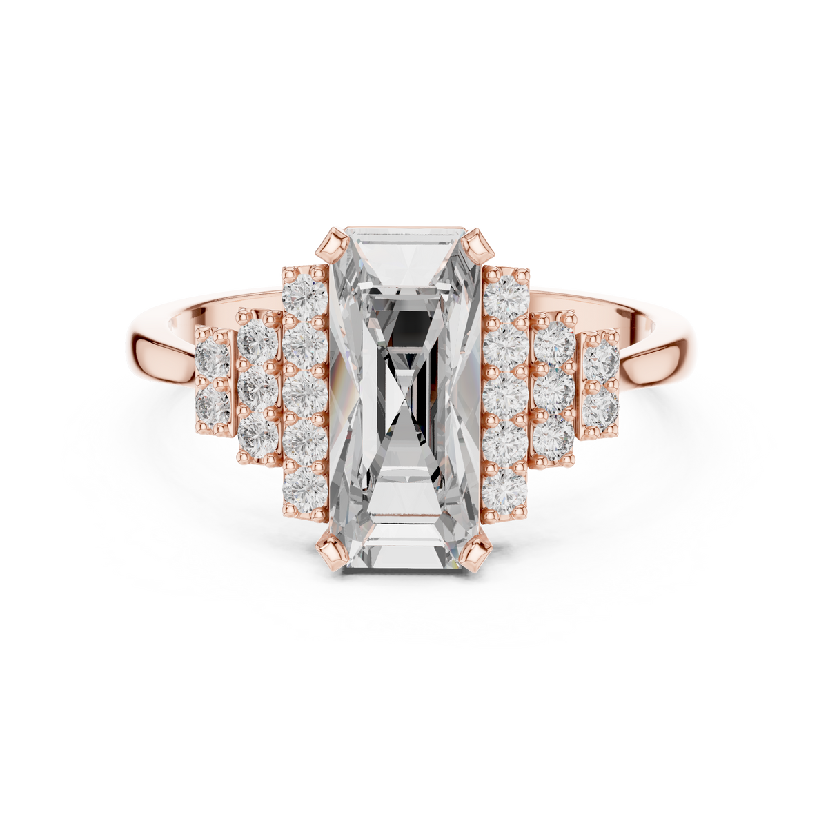Emerald Cut Three-Row Pave Engagement Ring