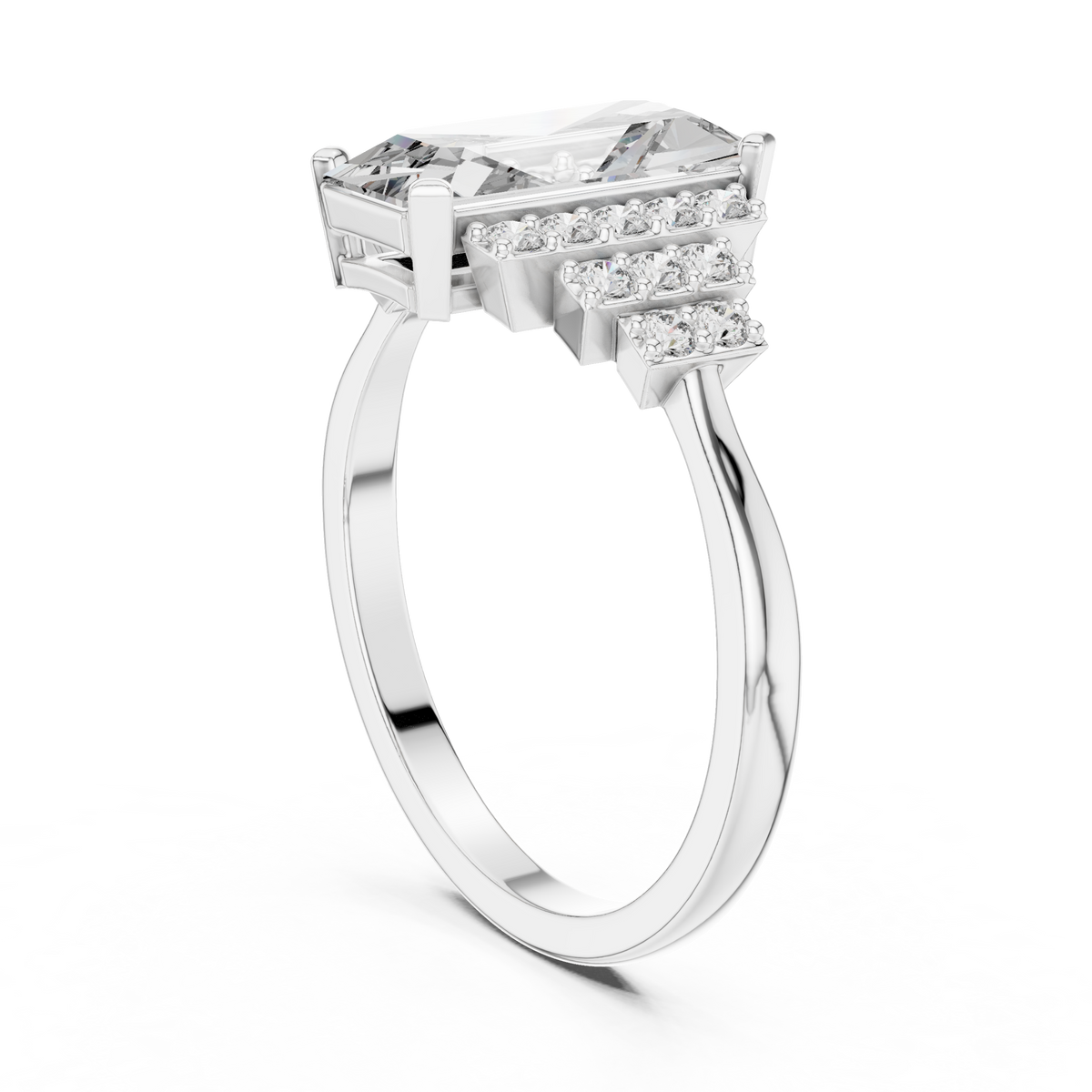 Emerald Cut Three-Row Pave Engagement Ring