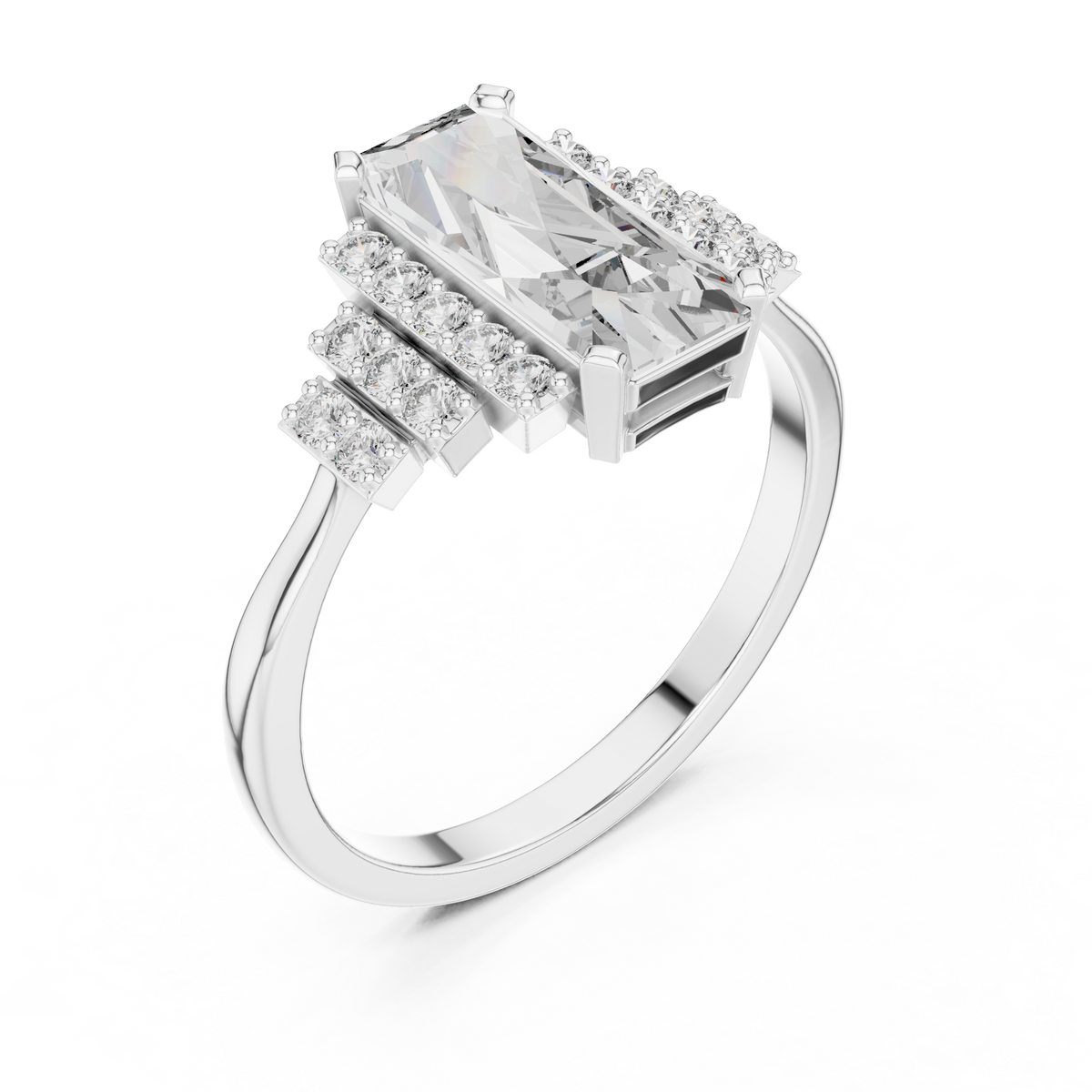 Emerald Cut Three-Row Pave Engagement Ring