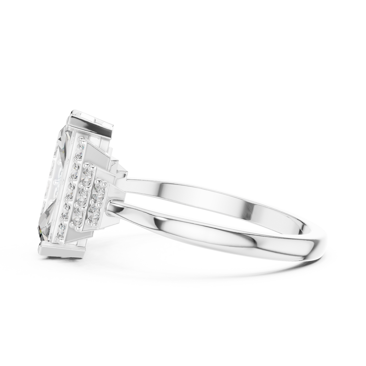 Emerald Cut Three-Row Pave Engagement Ring