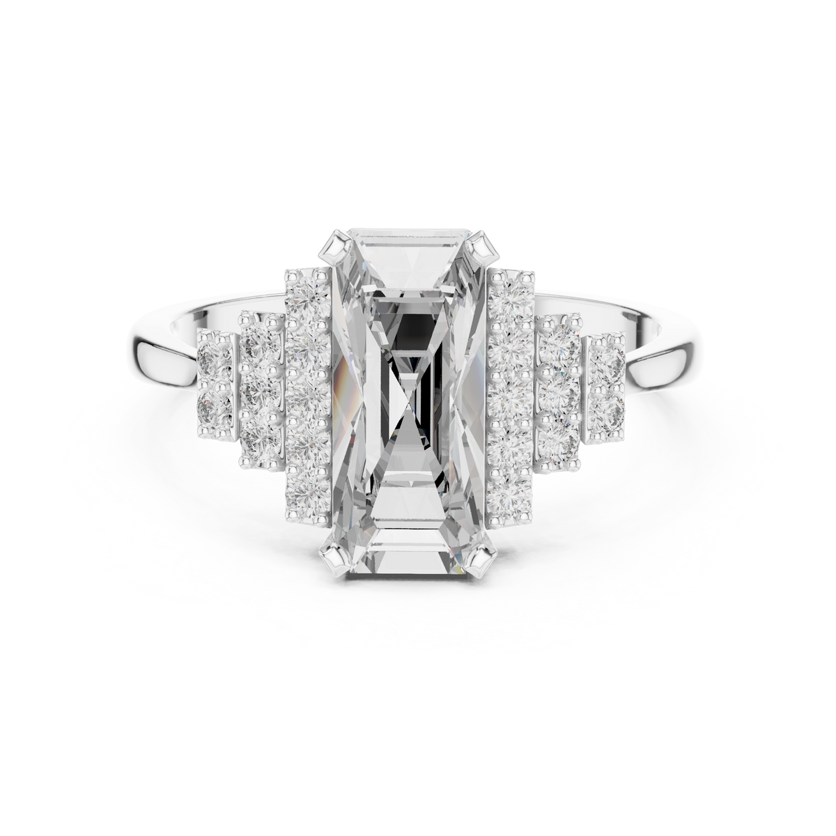 Emerald Cut Three-Row Pave Engagement Ring