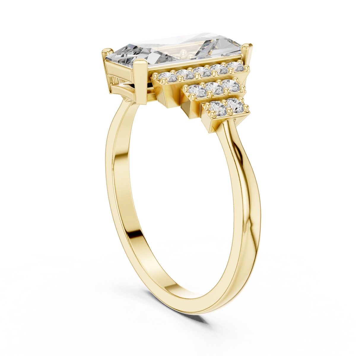 Emerald Cut Three-Row Pave Engagement Ring