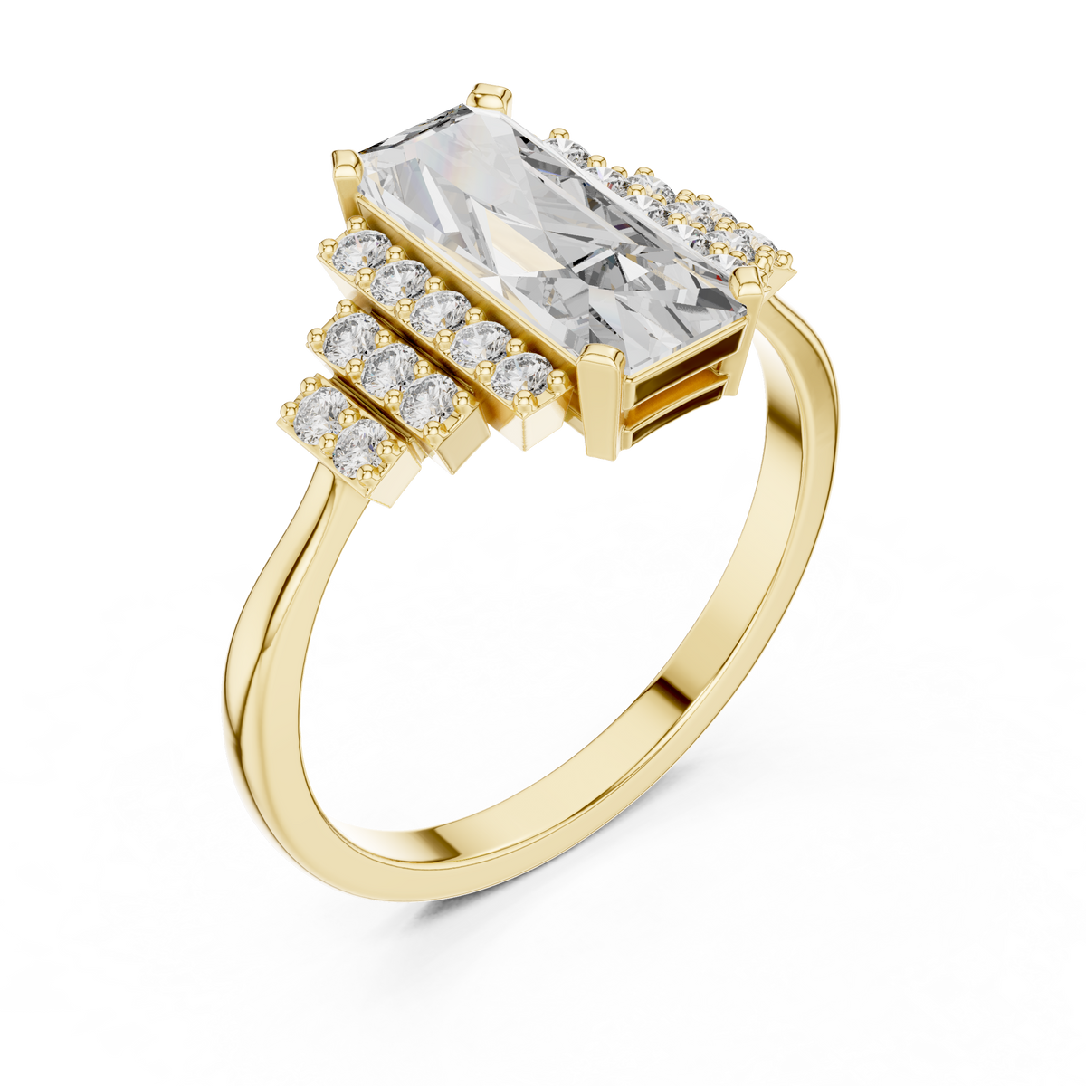 Emerald Cut Three-Row Pave Engagement Ring