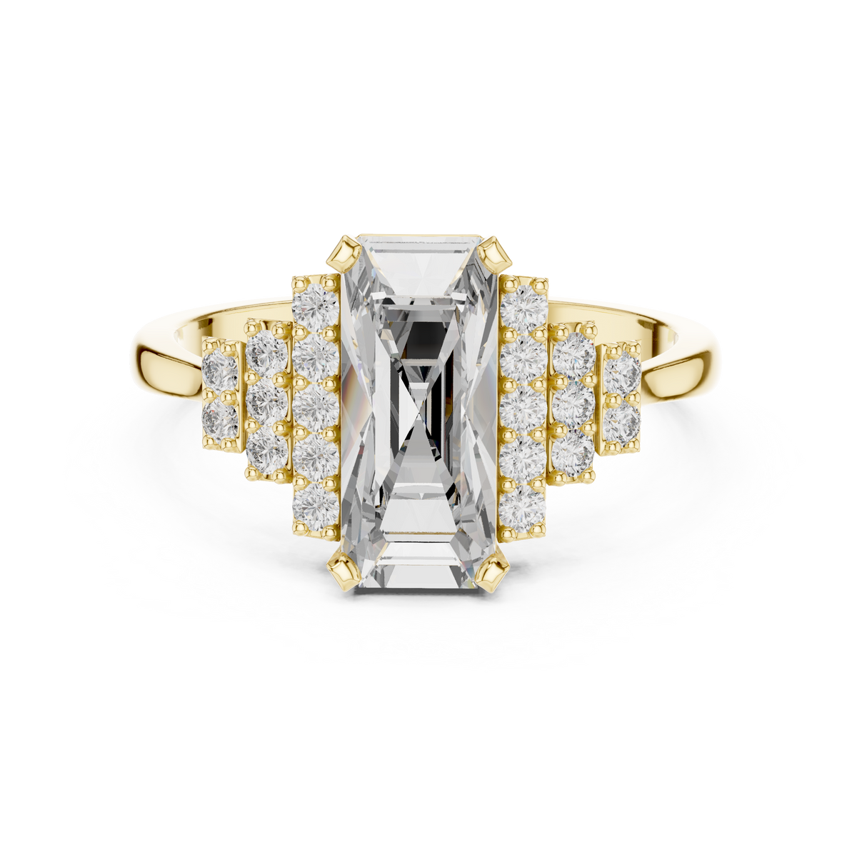 Emerald Cut Three-Row Pave Engagement Ring